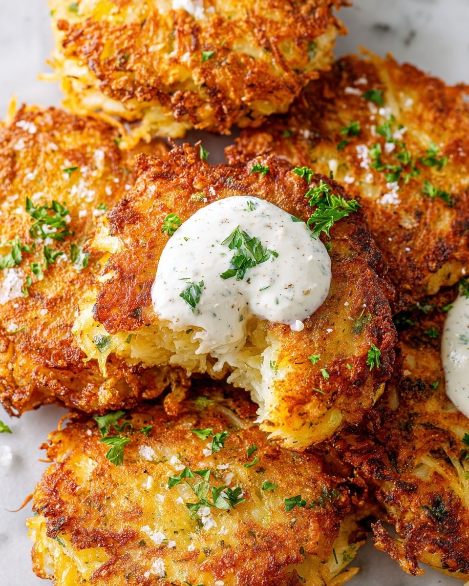 The image shows a close-up of two crispy golden-brown patties on a white marbled surface. The patties have a rough, crunchy texture with visible small pieces of what looks like shredded vegetables and herbs mixed inside. There are green parsley leaves scattered on top and around the patties, creating small bursts of bright green against the golden colors. Coarse salt flakes are sprinkled on the patties and surface, adding a touch of white contrast. The patties appear thick and round, with the close-up revealing the detailed crumbly texture. photo taken with an iphone --ar 4:5 --v 7