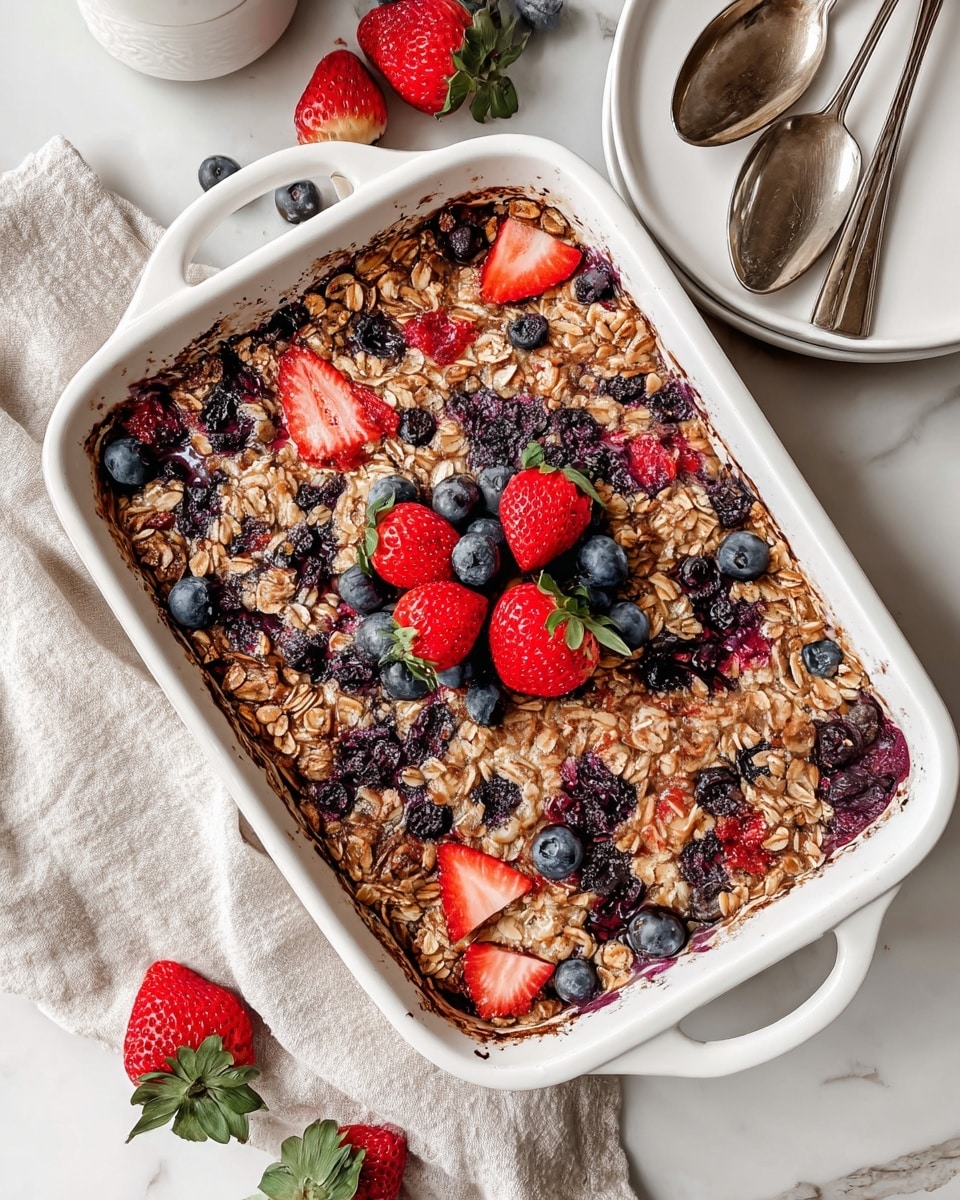A white baking dish filled with a baked oatmeal mixed with blueberries and strawberries. The top layer is scattered with oats, whole blueberries, and strawberry pieces, showing a bumpy and crunchy texture. In the center, a small pile of whole strawberries sits with a few blueberries stacked on top, adding a bright red and dark blue contrast. The dish is placed on a white marbled surface next to two stacked white plates and two spoons. A few fresh strawberries lie beside the dish, and a light beige cloth is partially visible. Photo taken with an iphone --ar 4:5 --v 7