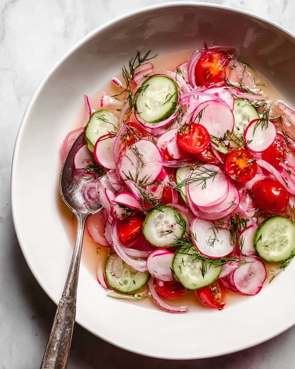 A white bowl filled with a fresh salad shows several layers: the bottom layer is a light pink liquid, above it are thin round slices of radish in white with red edges, scattered green cucumber slices with dark green skin, and halved bright red cherry tomatoes. Thin strips of purple onion are placed top and mixed within, along with small sprigs of green dill spread on top. Two silver spoons rest inside the bowl, and the bowl is placed on a white marbled surface with a light cloth nearby. Photo taken with an iphone --ar 4:5 --v 7