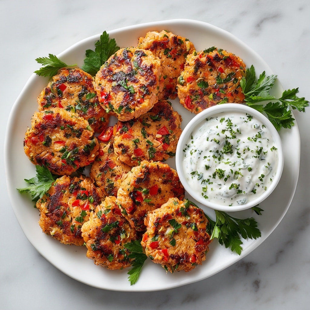 A close-up of a stack of four golden-brown salmon patties showing a crispy, browned outer layer. Each patty has a rough texture with visible bits of orange salmon, red bell pepper pieces, and green herbs scattered throughout. The stack sits on a white plate with a few green parsley leaves on the side. The background features a soft, white marbled texture. Photo taken with an iphone --ar 4:5 --v 7