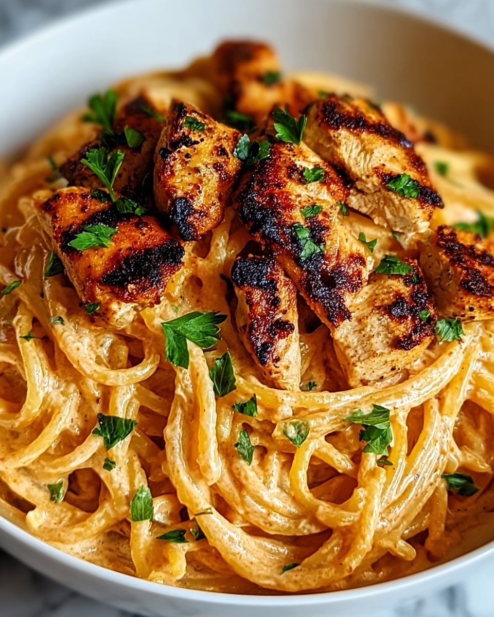 A close-up view of a white bowl filled with creamy pasta and grilled chicken pieces, showing one main layer of light orange creamy spaghetti coated in sauce, topped with several pieces of golden brown grilled chicken that have charred marks and a slightly crispy texture. Fresh green parsley leaves are scattered on top as garnish, adding a pop of color. The background shows a white marbled texture surface. photo taken with an iphone --ar 4:5 --v 7