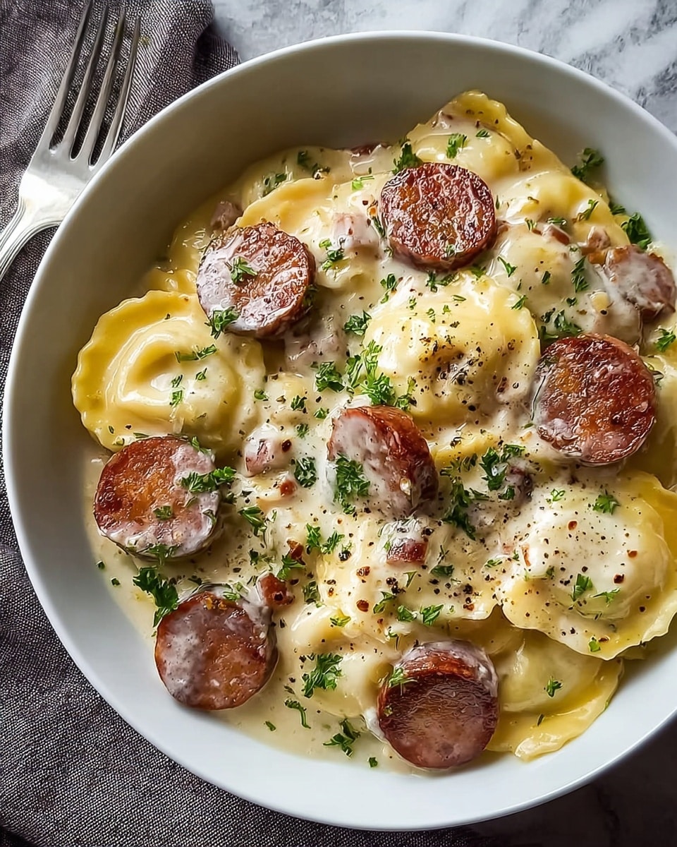 A white bowl filled with creamy pasta, featuring six to eight pieces of round ravioli with a smooth, light yellow surface, lightly coated in a thick white sauce. Scattered on top are several slices of browned sausage with a crispy texture and dark reddish-brown color. Small orange carrot chunks are visible mixed in the sauce. Fresh green parsley leaves are sprinkled over the dish while ground black pepper adds tiny dark specks on the sauce and pasta. The bowl is placed on a white marbled surface, and a silver fork with a white handle rests next to it. Photo taken with an iphone --ar 4:5 --v 7