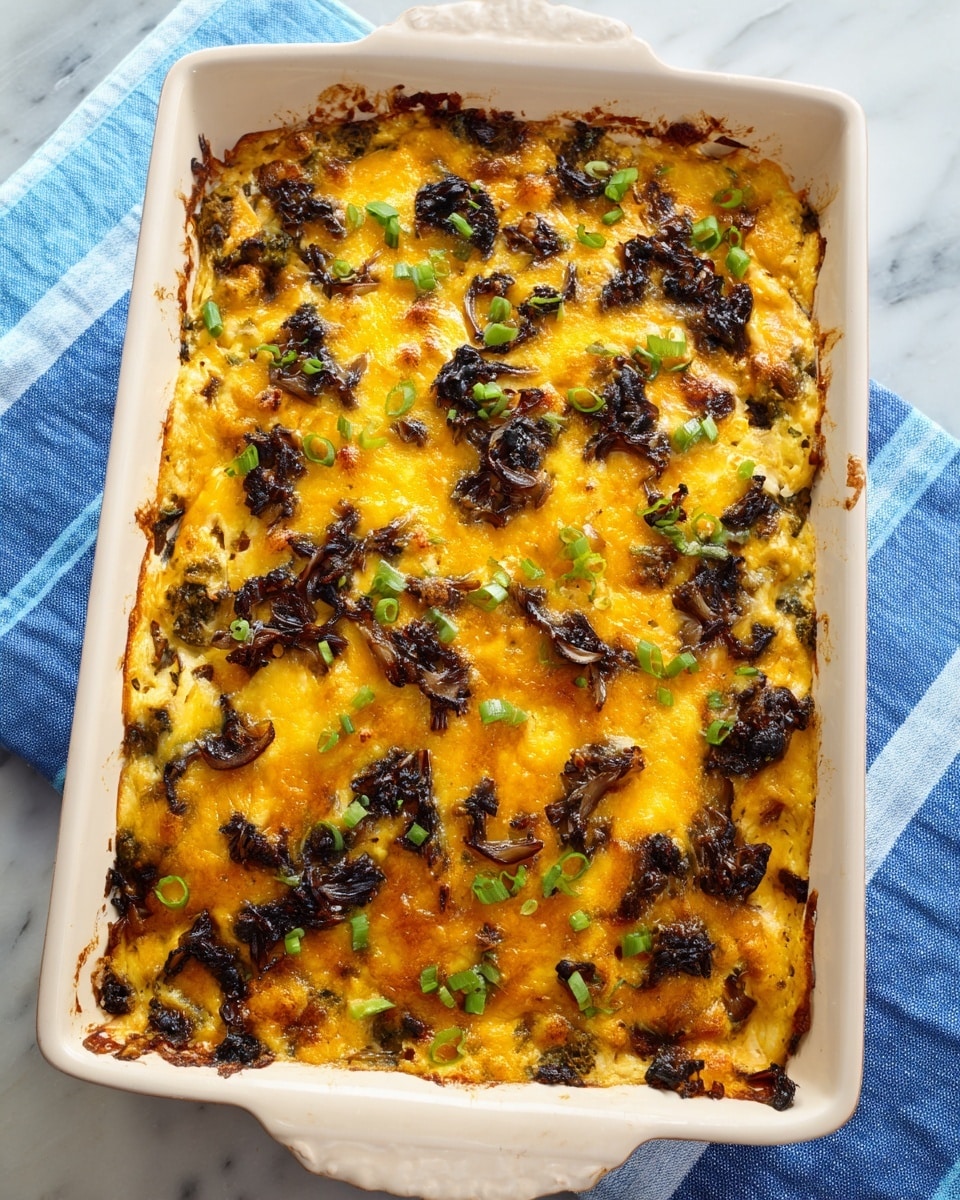 A close-up image shows a cheesy cowboy brisket casserole with a rich, golden yellow melted cheese layer on top, dotted with small green onion pieces and dark, crispy burnt bits. Underneath, there is a thick layer of savory brisket chunks that are dark brown and tender-looking, mixed with vibrant brown beans covered in gooey melted cheese. A piece of the casserole is being lifted by a spatula, showing the dense, textured base crust that is light brown and slightly crumbly. The casserole is set on a white dish on a white marbled surface. photo taken with an iphone --ar 4:5 --v 7
