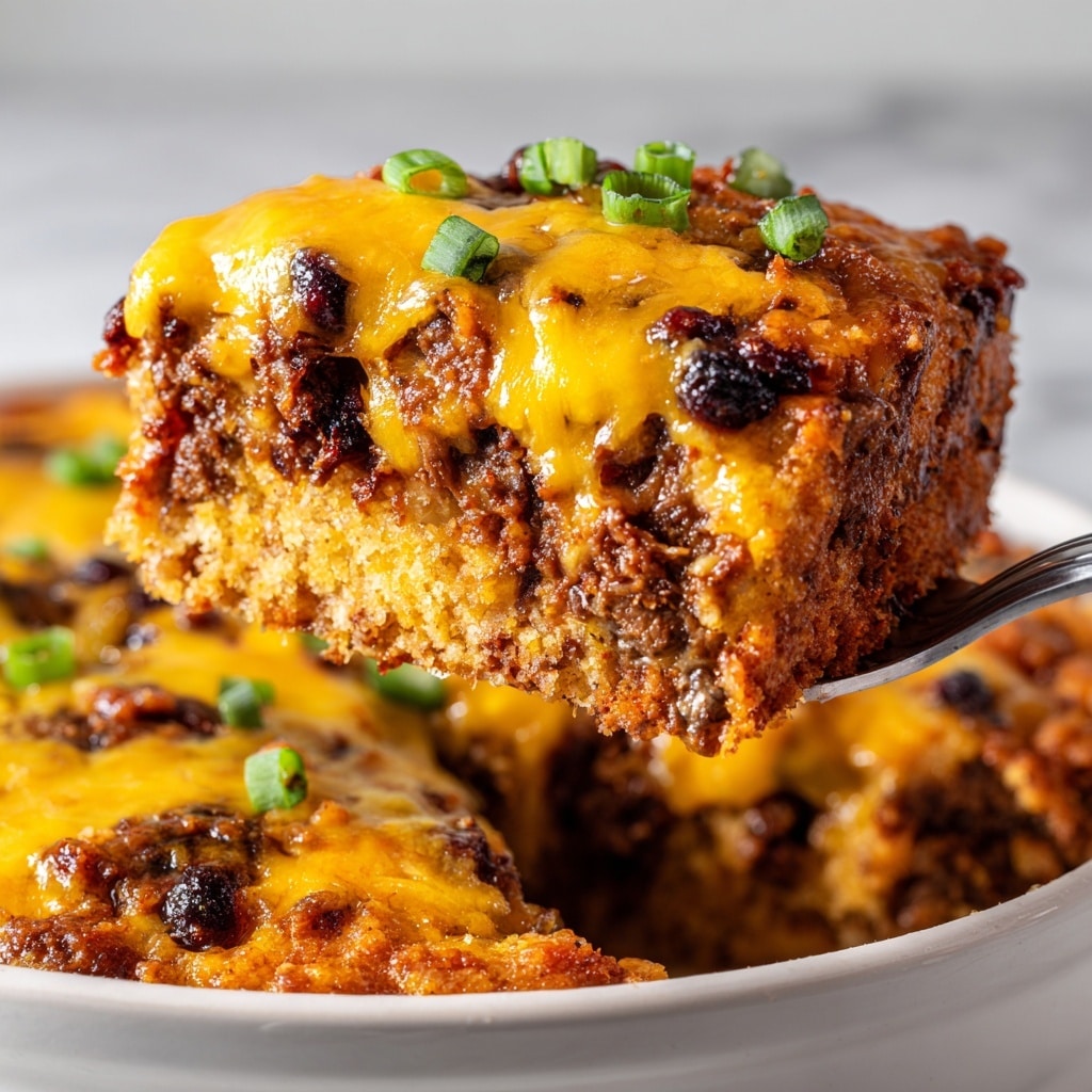 A baked dish in a white ceramic rectangular baking dish with two small handles is shown. The dish has one main layer of melted cheddar cheese that is golden yellow with some darker browned spots, scattered with dark, crispy pieces of what looks like charred meat or mushrooms. Green bits of chopped scallions are sprinkled evenly on top, adding a fresh pop of color. The edges of the dish show some slightly burnt cheese and browned bits, giving a rustic look. The dish sits on a white marbled surface, and beneath it is a blue and white striped cloth. Photo taken with an iphone --ar 4:5 --v 7