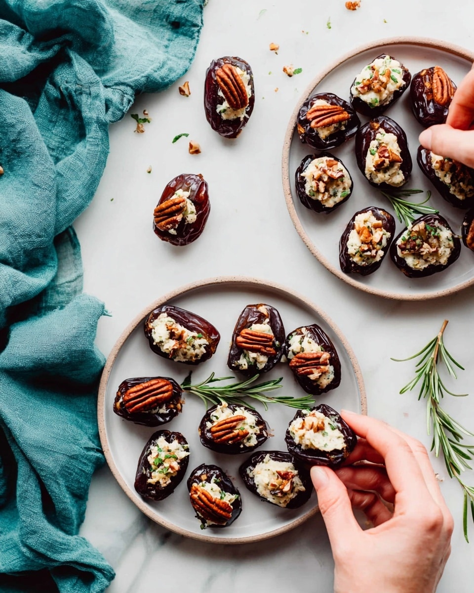A white plate holds a group of eleven stuffed dates with dark brown, shiny skins. Some dates are cut open and filled with creamy white cheese topped with small green herbs or nuts; one has a whole pecan on top. Other dates are filled with a light orange mix and have shiny pistachio nuts or small green herb pieces on them. Two dates are fully covered in smooth, dark chocolate coating. The plate is held by two woman's hands on a white marbled surface with a light blue cloth nearby. photo taken with an iphone --ar 4:5 --v 7