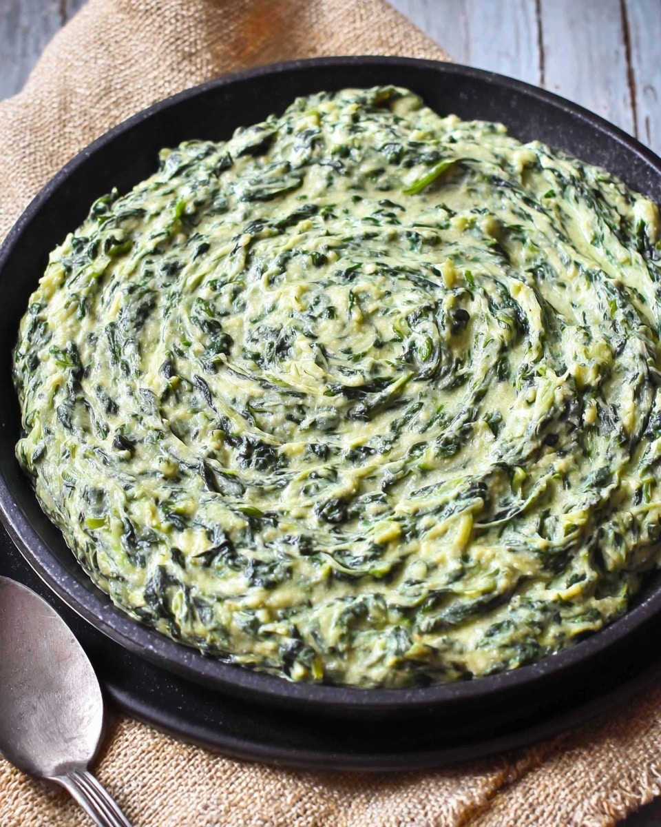 The image shows a single thick layer of creamy spinach dip, with a mix of light green and dark green colors, spread evenly on a slightly textured black round plate. The dip has visible small leaf pieces and a smooth, slightly chunky texture with swirling patterns on the surface. The plate rests on a white marbled background, and part of a beige textured cloth and a metal spoon are visible at the edge. Photo taken with an iphone --ar 4:5 --v 7