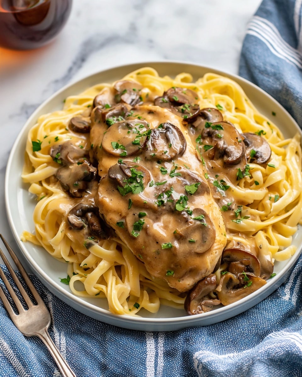A white plate holds a bed of thick, yellowish pasta noodles with a slightly glossy texture. On top lies a large piece of cooked chicken breast covered in smooth, light brown mushroom sauce that also surrounds some dark brown mushroom slices scattered over the chicken and pasta. Small bits of chopped green parsley are sprinkled evenly over the top for a fresh touch. The plate is set on a white marbled surface next to a silver fork resting on a blue and white striped cloth. photo taken with an iphone --ar 4:5 --v 7