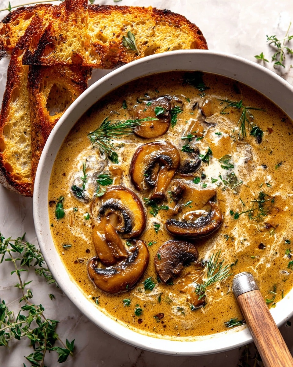 A white bowl filled with creamy mushroom soup sits on a white marbled surface. The soup has a rich golden-brown color with visible cream swirls and chopped green herbs scattered on top. Large, sautéed mushroom slices with a glossy, browned texture float on the surface, adding depth to the dish. A wooden-handled spoon rests inside the bowl on the right side, partially submerged in the soup. To the left of the bowl, two pieces of toasted bread with crispy, golden-brown grill marks are leaning against the edge. Fresh green herbs are placed around the bowl, enhancing the earthy feel of the presentation. photo taken with an iphone --ar 4:5 --v 7