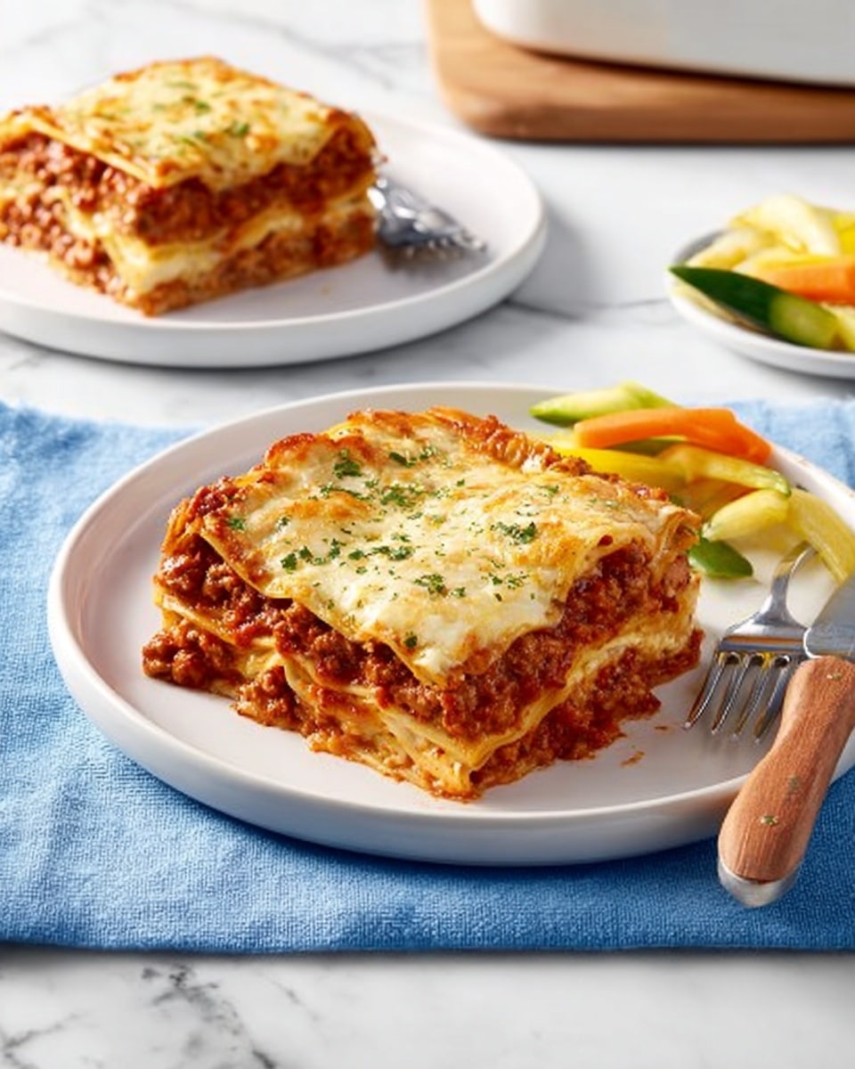 A square piece of lasagna sits on a white plate, showing about four layers: a bottom pasta layer, a creamy white cheese layer, a thick brown meat sauce with red tomato, and a melted pale yellow cheese layer on top, slightly browned and sprinkled with green herbs. Next to the lasagna is a small side of cooked vegetables in yellow, green, and orange colors, with a shiny, soft texture. A silver fork with a wooden handle lies at the edge of the plate. In the background, there is another white plate with a smaller piece of lasagna and a silver fork, all set on a white marbled surface covered by a light blue cloth. Photo taken with an iphone --ar 4:5 --v 7