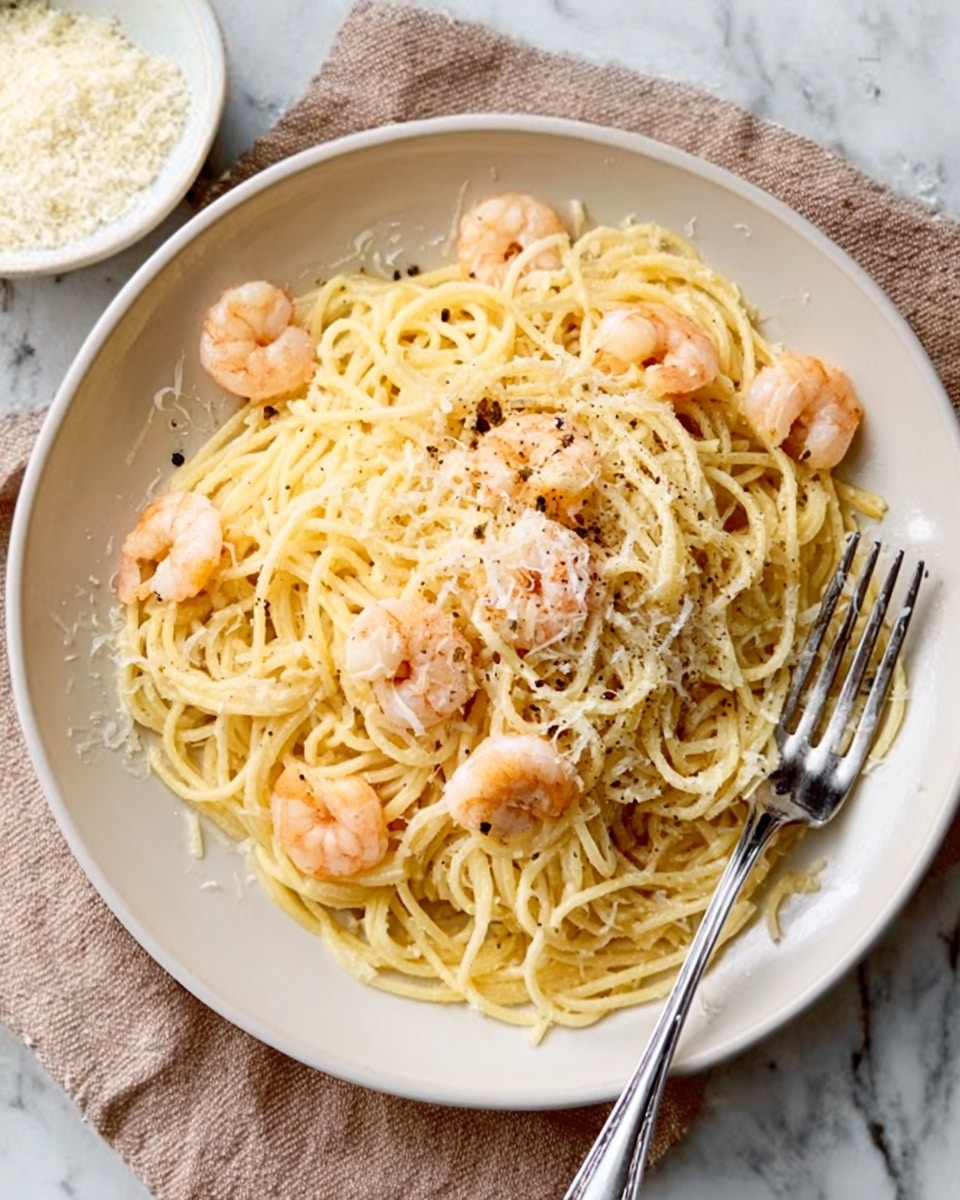 A close-up view of a bowl filled with creamy fettuccine pasta topped with six pink, cooked shrimp scattered across the surface. The pasta is covered in a smooth, light beige sauce with a slightly glossy texture, and small green herb pieces are sprinkled evenly over both the shrimp and pasta. The bowl is white, and it sits on a white marbled surface. Photo taken with an iphone --ar 4:5 --v 7