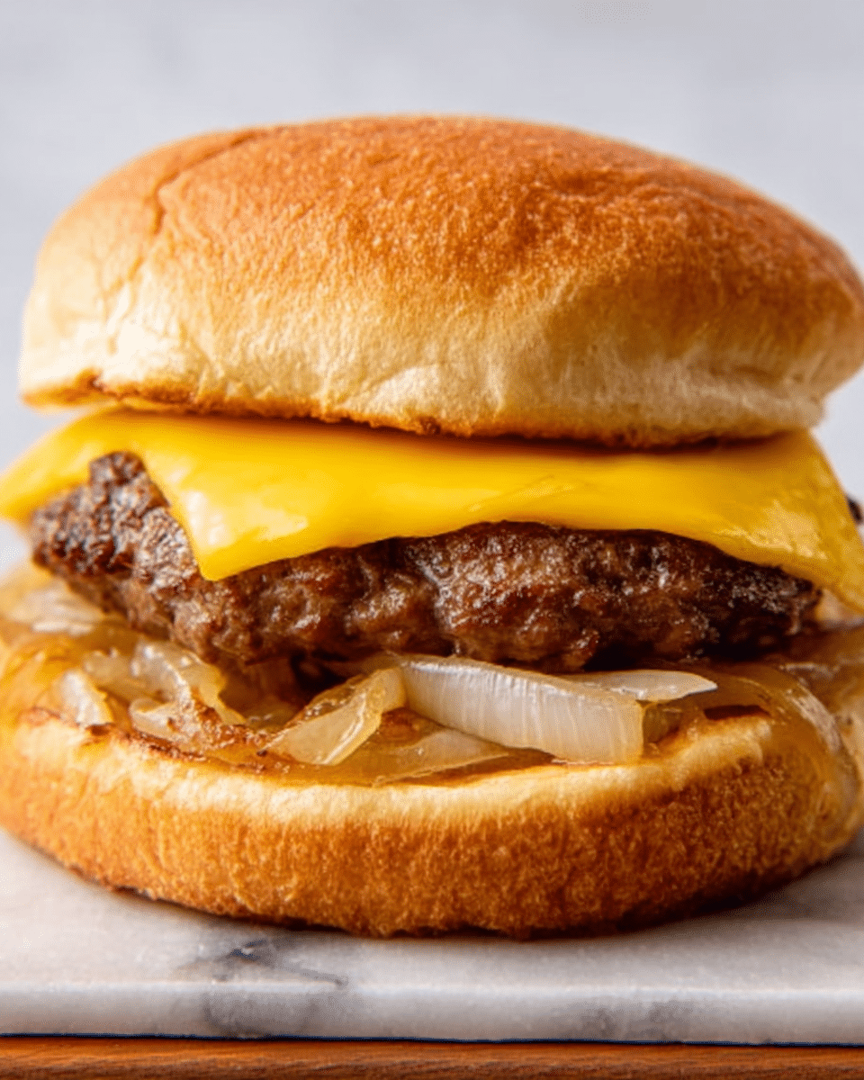 The image shows a close-up side view of a cheeseburger with three visible layers inside a soft golden brown bun. The bottom layer has cooked caramelized onions with a glossy texture and light brown color. Above the onions is a thick, juicy beef patty with a dark brown, slightly charred surface. On top of the patty is a slice of melted bright yellow cheddar cheese that drapes over the edges. The top bun, golden and soft with a smooth texture, sits neatly on the cheese. All of this is placed on a white plate with a white marbled background. Photo taken with an iphone --ar 4:5 --v 7