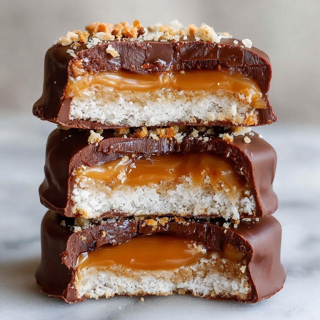 The image shows a close-up of three stacked no-bake cookies on a white marbled surface. Each cookie has three visible layers: a rough, light beige base layer of crushed shortbread with a crumbly texture; a thick, shiny caramel layer that is smooth and golden orange, sitting on top of the base; and an outer coating of dark brown chocolate that covers the cookie’s edges and top, with some crumbs on the chocolate. There are small chopped nuts sprinkled on the top cookie. Photo taken with an iphone --ar 4:5 --v 7