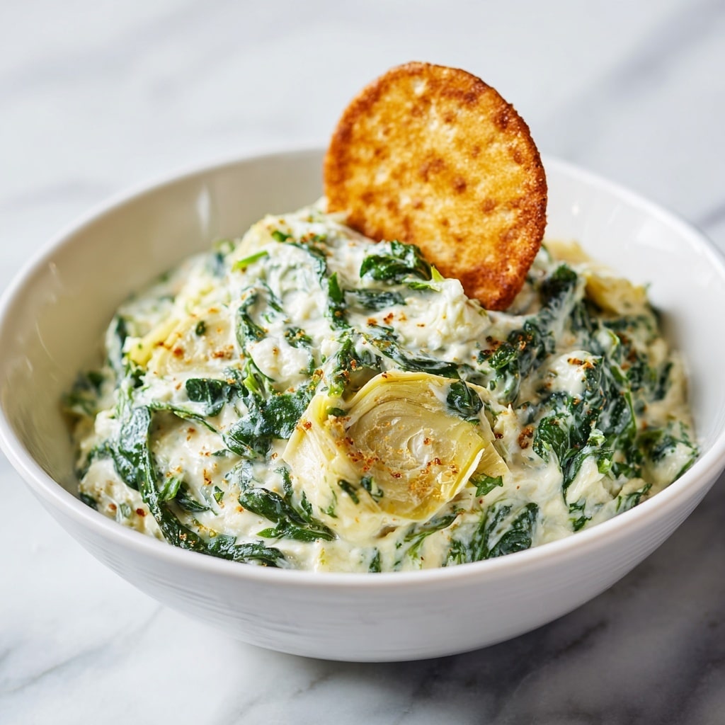 A white bowl filled with creamy spinach and artichoke dip, showing one thick layer made of bright green spinach leaves mixed with light yellow artichoke pieces in a rich white creamy sauce, the texture chunky and smooth. Around the bowl, there are small toasted bread slices on a wood surface, with a glimpse of a cup with a white interior and a gold rim at the top edge. The background is a white marbled texture. photo taken with an iphone --ar 4:5 --v 7