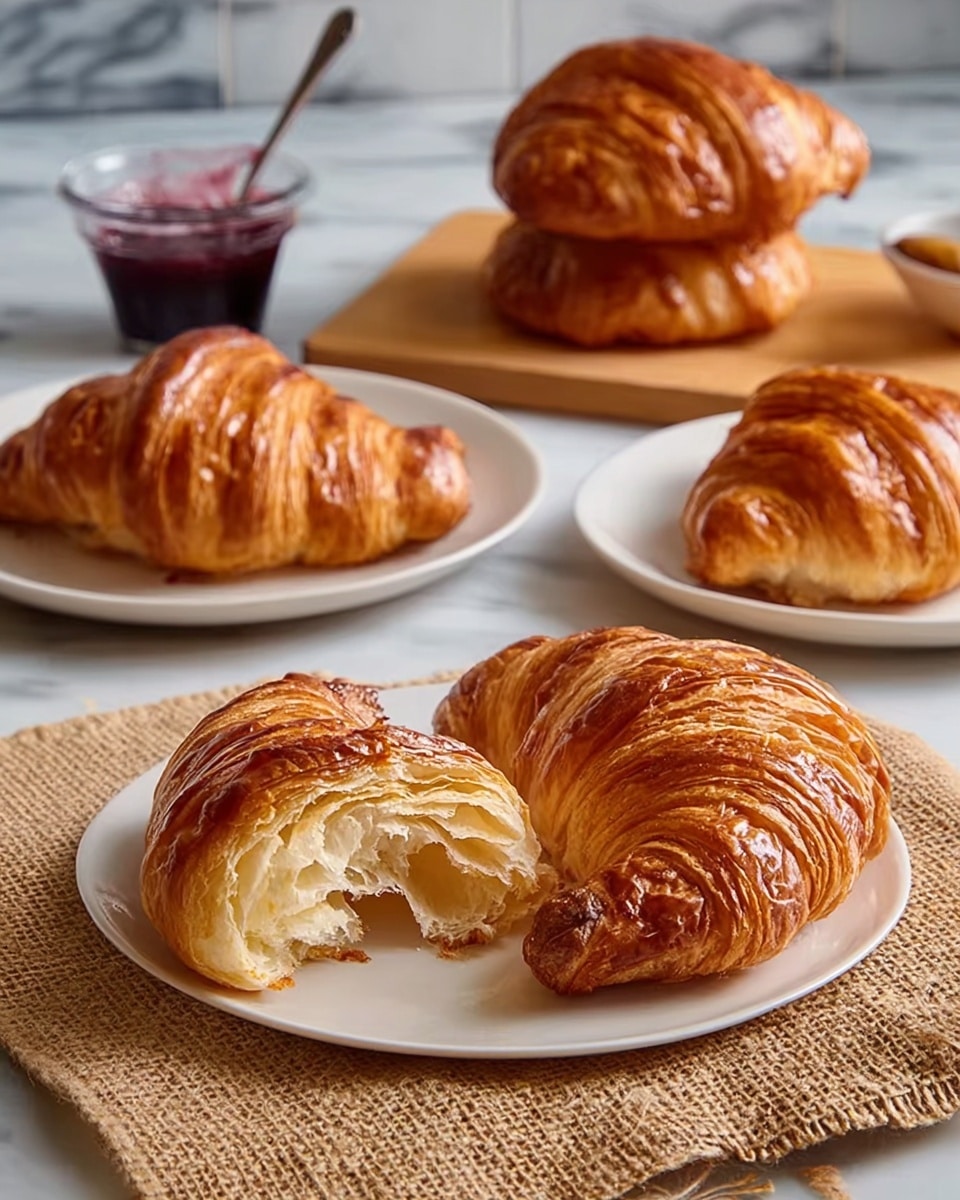 The image shows several golden brown croissants with a shiny, crispy outer layer and visible flaky texture. In the front, one croissant is whole, and another is broken open, revealing its soft, airy, layered interior. Both are placed on a white plate resting on a coarse beige cloth. Behind them, two more croissants sit on separate white plates. In the background, a wooden board holds a stack of three croissants, and a small glass bowl of dark red jam with a spoon is placed near the croissants. The surface beneath everything has a white marbled texture. photo taken with an iphone --ar 4:5 --v 7
