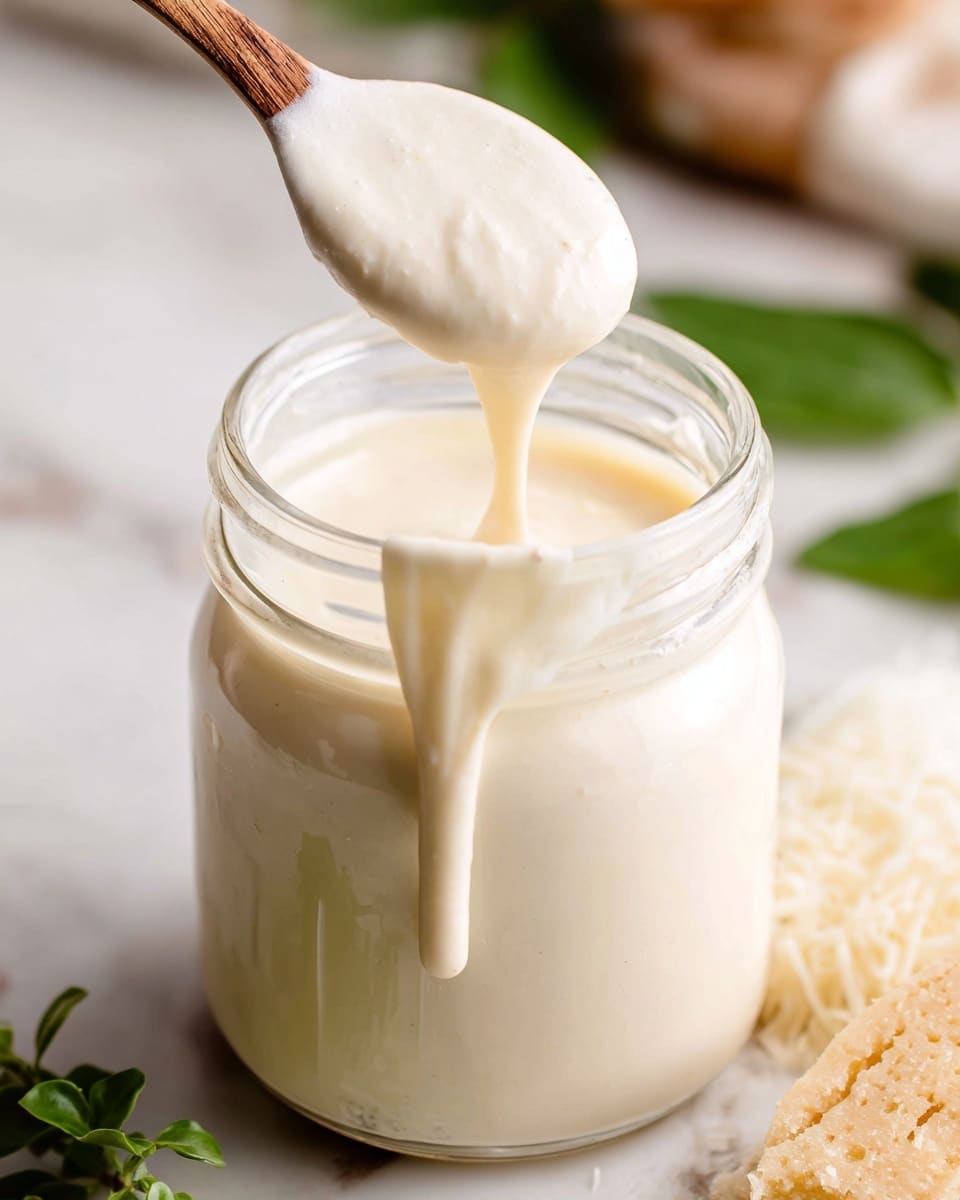 A close-up image of a clear glass jar filled with thick, creamy, off-white sauce that has a smooth texture, with some sauce dripping gently down the side of the jar. A white spoon lifts a dollop of the sauce from the jar, showing its rich, soft consistency. The background features a white marbled texture with some blurred green leaves and a piece of light brown, textured food item on the side. Photo taken with an iphone --ar 4:5 --v 7