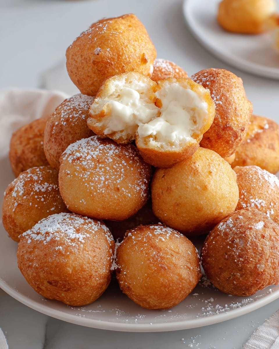 A white plate holds a pile of small round golden brown fried dough balls with a slightly rough and crispy texture. At the top is one dough ball broken open, revealing a creamy white filling inside, soft and smooth. The dough balls vary slightly in color, with some a darker golden brown and some lighter, showing a crunchy exterior and soft inside. The plate sits on a white marbled surface. photo taken with an iphone --ar 4:5 --v 7