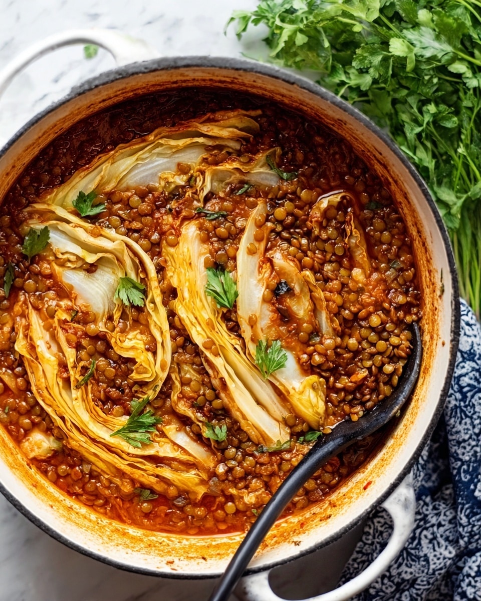 A white round deep pot filled with a thick lentil stew, showing several long slices of cooked cabbage arranged on top, with rich brown lentils and a reddish-orange broth mixed throughout. Some green cilantro leaves are placed on the cabbage, adding a fresh contrast. A black spoon rests on the edge inside the pot. The pot is placed on a blue cloth, and a bunch of fresh green herbs is blurred out in the background on a white marbled texture. photo taken with an iphone --ar 4:5 --v 7