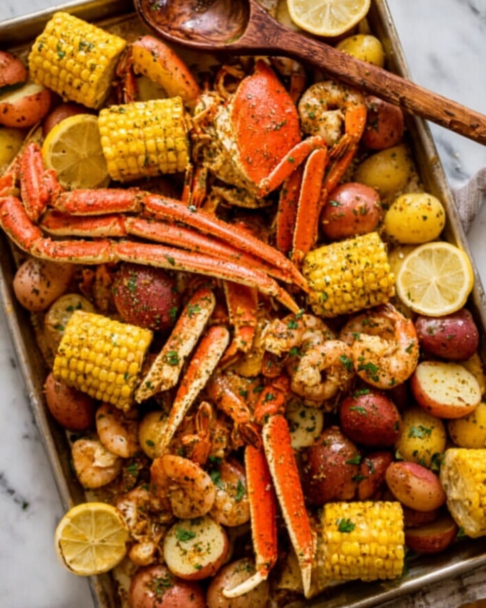 A large tray filled with a seafood boil featuring bright orange crab legs and shrimp mixed with small round potatoes in red and yellow colors. There are roughly cut pieces of yellow corn on the cob scattered throughout. Lemon wedges are placed around the dish, adding a fresh touch. The seafood and vegetables are covered in a seasoning mix with visible herbs and spices that give a textured, slightly oily look. A wooden spoon rests on one side of the tray, and the whole scene appears on a white marbled surface. Photo taken with an iphone --ar 4:5 --v 7