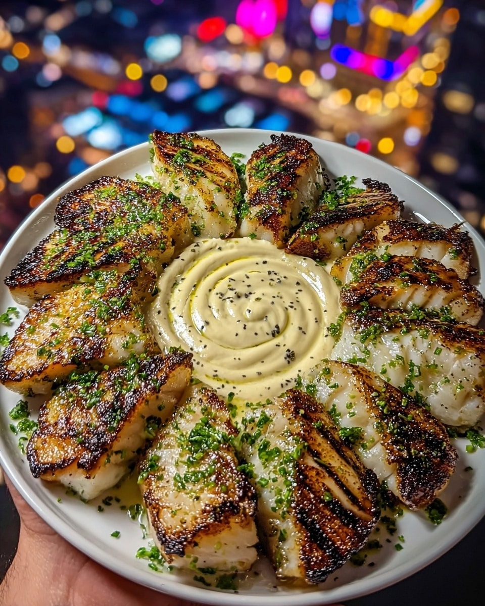 A white round plate filled with six grilled fish pieces arranged in a circle, each piece showing golden brown charred grill marks and a glossy moist texture, sprinkled with finely chopped green herbs. In the center of the plate, there is a swirl of creamy light yellow sauce speckled with small black pepper bits, also topped with some green herbs. The plate is held by a woman's hand against a blurred cityscape background with colorful lights. The surface beneath is a white marbled texture. photo taken with an iphone --ar 4:5 --v 7