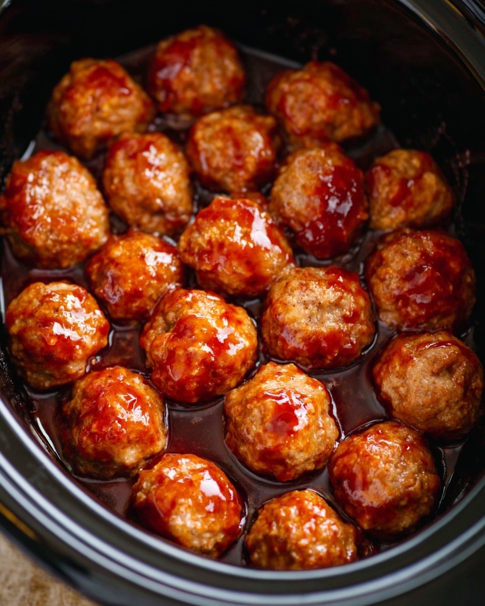 A close-up image of a single round meatball coated in a glossy, reddish-orange sauce with visible small white and red bits embedded in it, held on the right side by a wooden toothpick, with a slightly blurred background showing other similar meatballs. The shiny sauce looks thick and sticky, covering the entire surface of the meatball and giving it a moist and appetizing texture. The photo was taken with a white marbled surface as background. photo taken with an iphone --ar 4:5 --v 7
