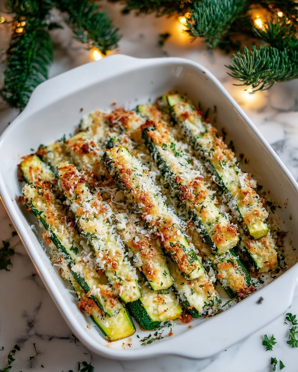The image shows a white rectangular baking dish filled with about three layers of roasted zucchini sticks. Each zucchini stick is dark green on the outer side with a golden-brown cheesy crust on top, which has a textured, crumbly layer of melted cheese mixed with finely chopped herbs sprinkled over it. The zucchini pieces are arranged neatly, overlapping slightly, and scattered pieces of fresh green parsley leaf are visible on and around the dish. The dish sits on a white marbled surface, with soft warm lights and some green pine branches blurred in the background, creating a cozy festive feel. photo taken with an iphone --ar 4:5 --v 7