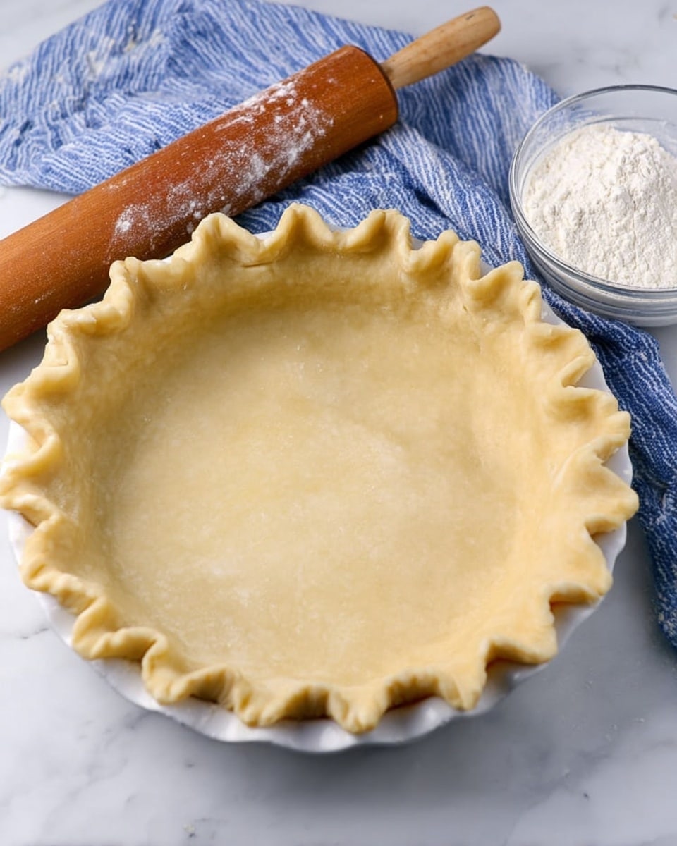 A rolled out, uncooked pie crust with a light golden beige color sits in a white pie dish, its edges neatly crimped all around to form a scalloped border. To the right, there is a clear glass bowl filled with white flour, surrounded by some scattered flour on the white marbled surface. A dark brown wooden rolling pin rests diagonally on a blue and white striped cloth in the background. The image has a clean and fresh feel. photo taken with an iphone --ar 4:5 --v 7