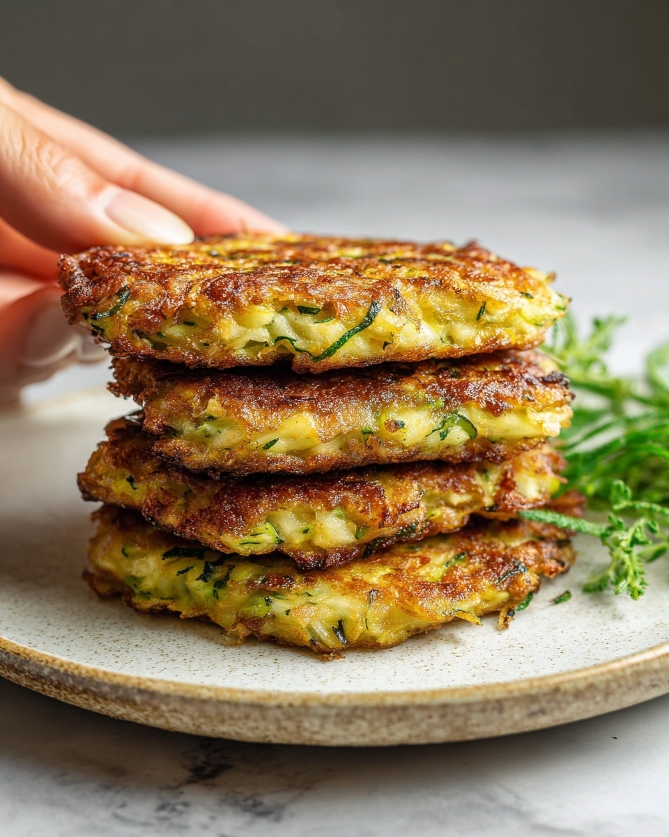 The image shows a stack of four golden brown zucchini fritters on a white ceramic plate with a textured pattern and a thin brown rim. Each fritter has a crispy, slightly uneven surface with green flecks of zucchini visible inside. The fritters are oval-shaped and layered closely on top of each other, creating a small tower. On the right side of the image, a woman's hand is reaching towards the top fritter. The setting features a dark background with a small green garnish partially visible behind the plate on a white marbled surface. Photo taken with an iphone --ar 4:5 --v 7