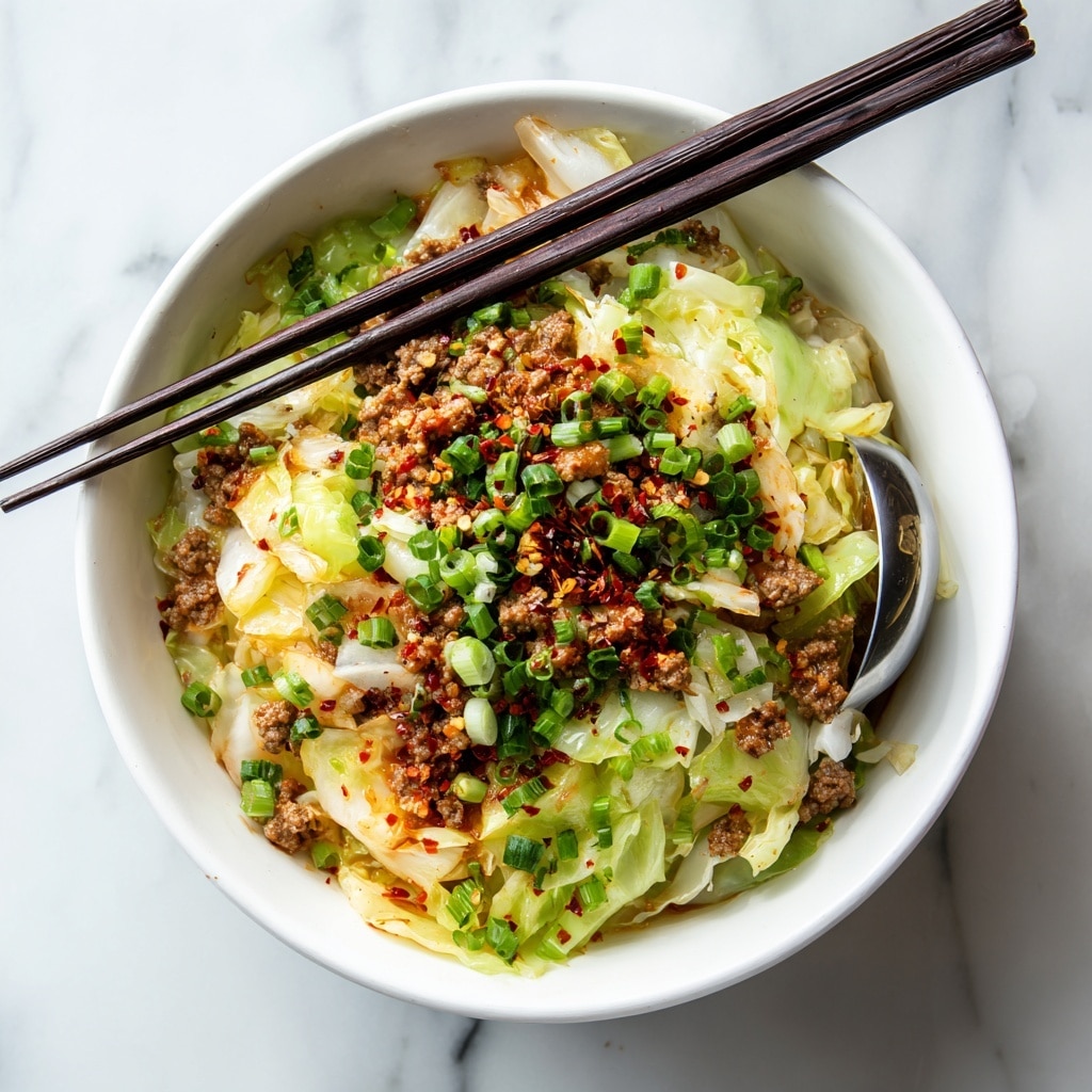 A white bowl filled with a stir-fried mixture of cooked ground meat, soft green cabbage pieces, shredded orange carrots, and chopped green onions scattered on top. The colors are mostly brown from the meat, green from the cabbage and onions, and hints of bright orange from the carrots, all mixed with a slightly glossy texture from cooking. The bowl is set on a white marbled surface, with another bowl full of the same dish in the background, along with small white dishes containing dark soy sauce and some chopped green onions. A pair of dark wooden chopsticks lies on the surface beside the main bowl. photo taken with an iphone --ar 4:5 --v 7