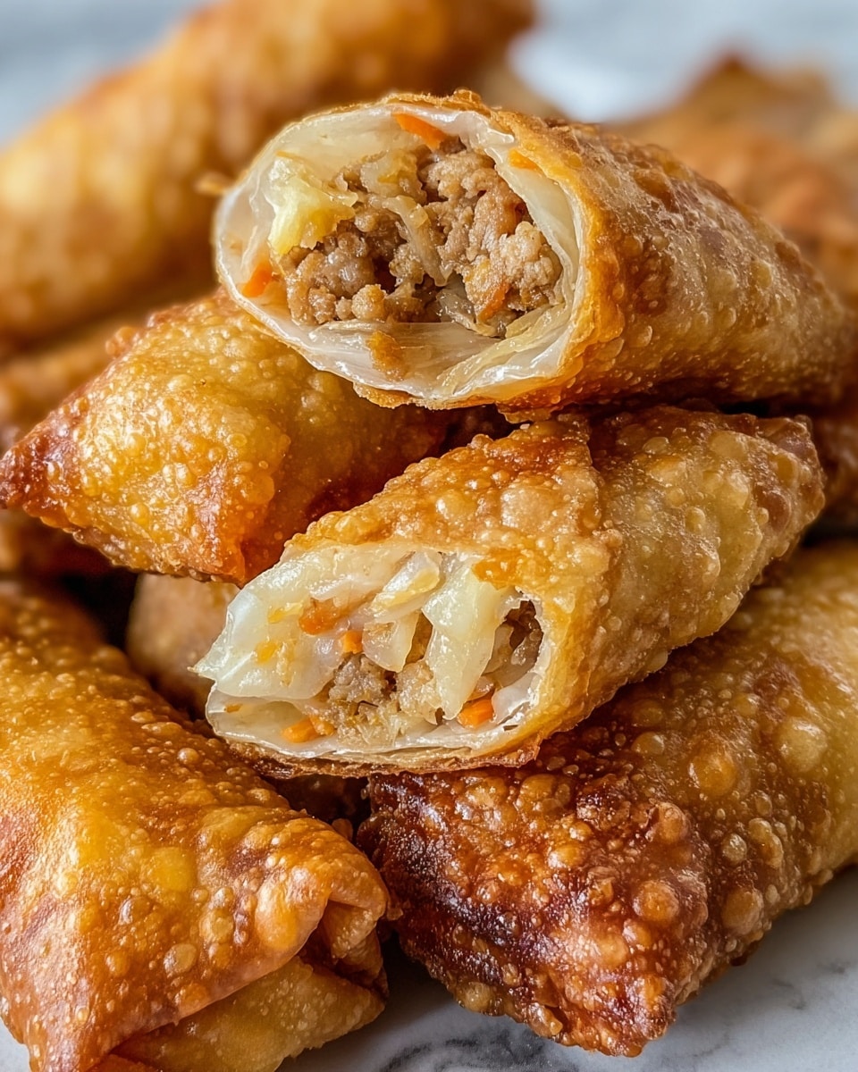 The image shows a close-up view of multiple golden brown fried spring rolls stacked together on a white marbled surface. Each spring roll has a crispy, bubbly-textured outer layer that is richly fried to a deep golden color. Two of the spring rolls are cut in half, revealing their inside layers: a folded translucent wrapper layer is closely wrapped around a filling of finely chopped cooked meat mixed with small bits of vegetables like cabbage, showing shades of light brown and off-white with some orange carrot pieces. The edges of the wrappers are slightly curled and crunchy, adding texture contrast. photo taken with an iphone --ar 4:5 --v 7