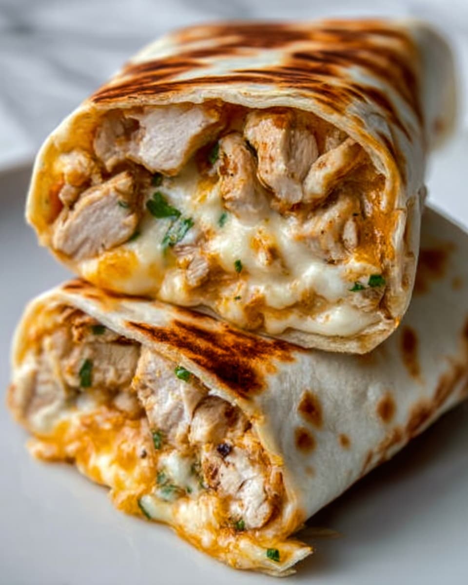 Two grilled wraps stacked on a white plate with a white marbled background. Each wrap has a browned, slightly charred outer layer with visible grill marks. Inside, there are thick pieces of golden-brown grilled chicken filling the wrap, covered with melted creamy cheese that oozes slightly out of the edges. Small pieces of chopped green herbs are scattered around the plate, adding a touch of fresh color. In the background, out of focus, there are some orange fries. Photo taken with an iphone --ar 4:5 --v 7