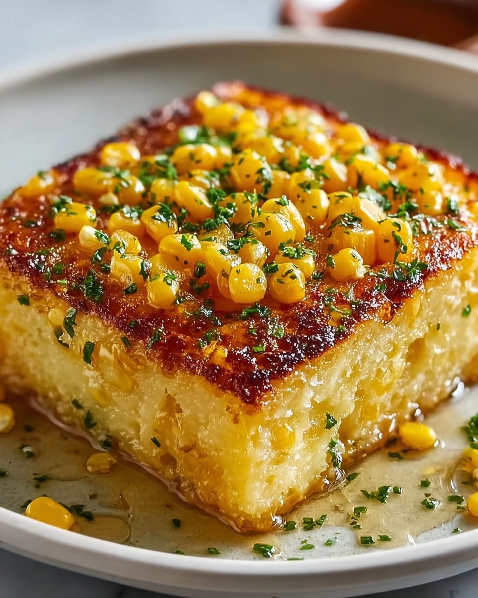 A close-up of a square slice of corn casserole with two visible layers: the bottom layer is thick, creamy, and pale yellow with pieces of bright yellow corn embedded, while the top layer is a rich golden brown with a caramelized, slightly crispy surface covered in scattered whole corn kernels and small green herb pieces. The casserole is sitting in a dark pan against a white marbled textured background, with caramelized edges showing slight drips down the sides. Photo taken with an iphone --ar 4:5 --v 7