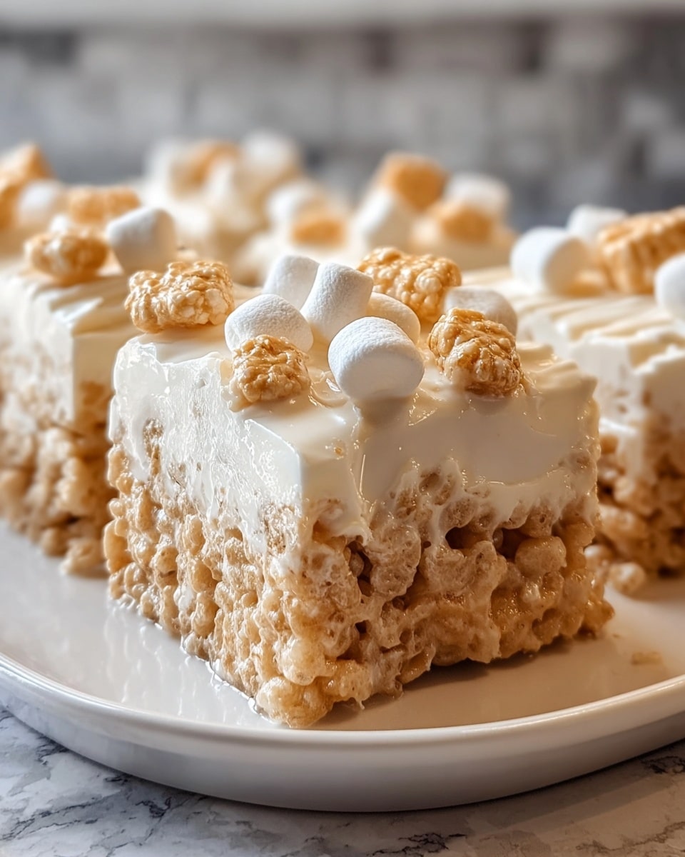 A close-up view of four square treats, each with two visible layers sitting on a white plate. The bottom layer is a crispy, light brown cereal base with a shiny glaze, showing a rough texture. The top layer is a thick, smooth, white cream that looks soft and slightly shiny. On top of each square, there are small white marshmallows and crunchy light brown cereal clusters scattered unevenly. The background is blurred with a white marbled texture surface. photo taken with an iphone --ar 4:5 --v 7