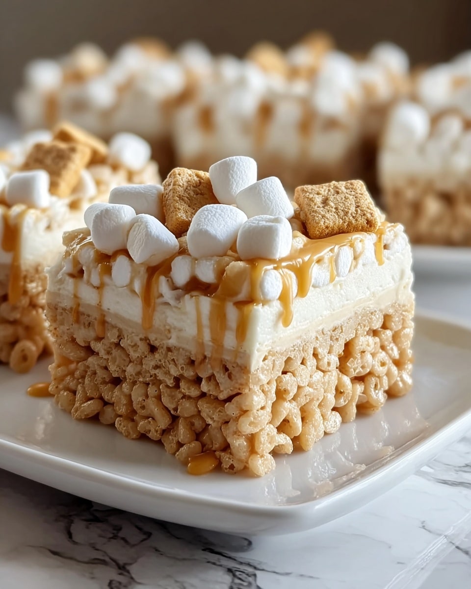 A close-up of a square dessert bar on a white plate, showing three clear layers: the bottom layer is light brown crispy rice cereal, the middle layer is a smooth creamy white marshmallow mixture, and the top layer is covered with small white marshmallows and light brown graham cracker pieces, all drizzled with a light caramel sauce. The plate is placed on a white marbled surface, and there are more bars blurred in the background. photo taken with an iphone --ar 4:5 --v 7