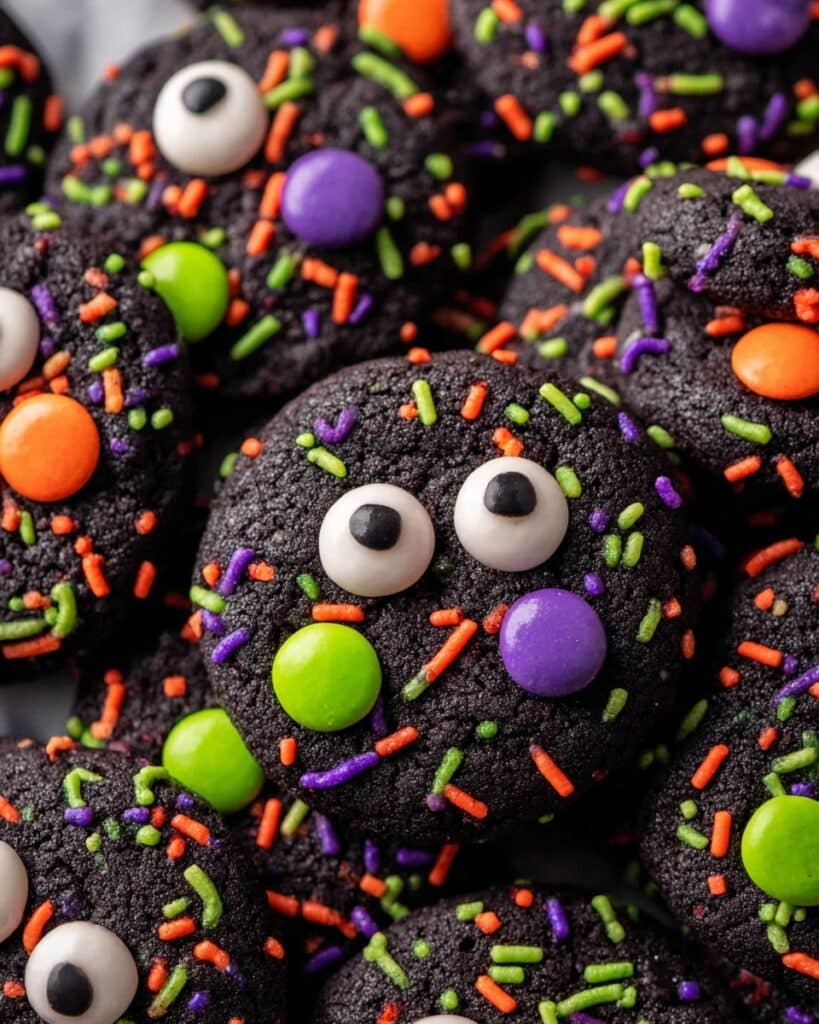 Halloween Cookies with Black Cocoa, M&Ms, and Candy Eyeballs Recipe