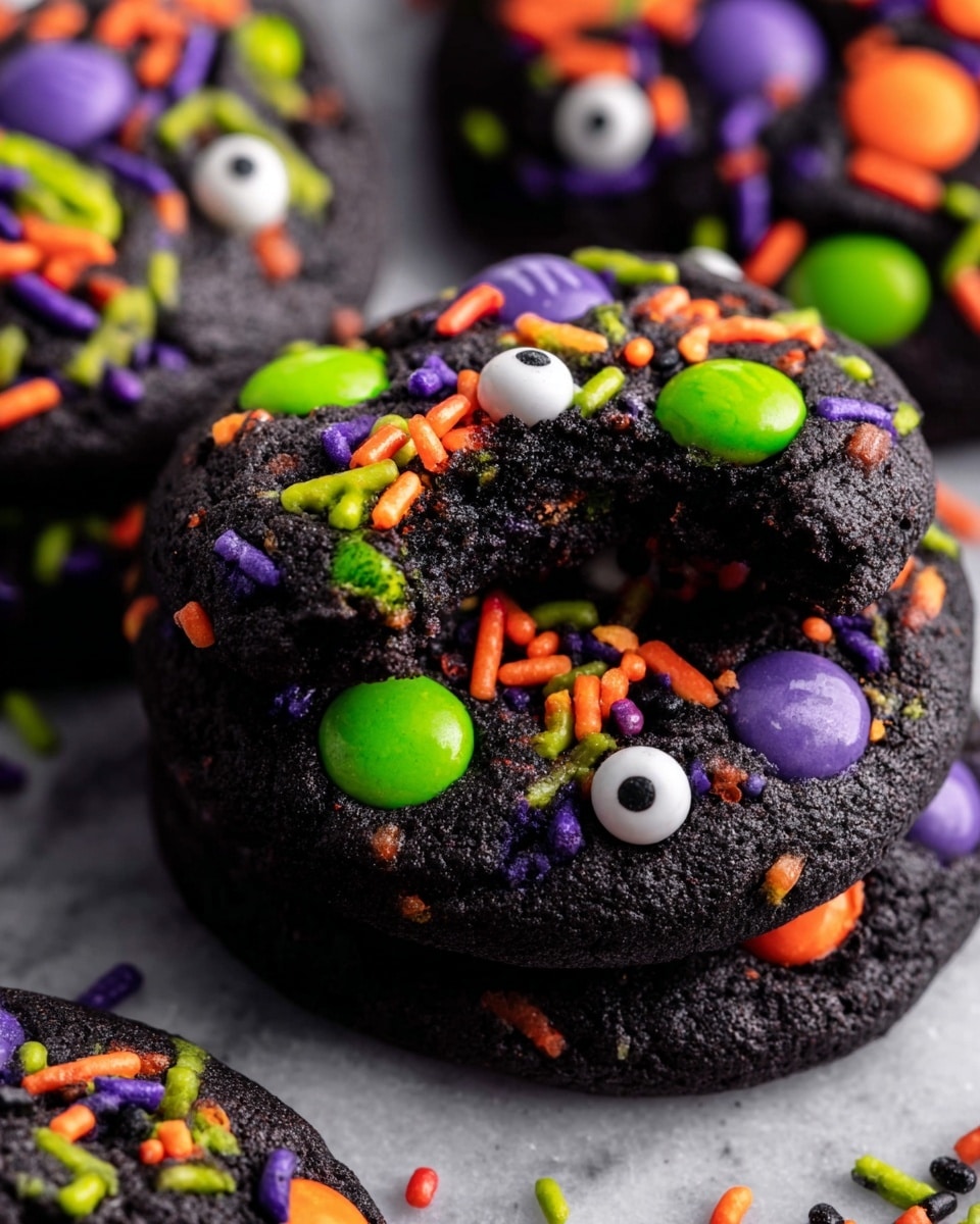 A close-up view of a stack of two black cookies with a soft, slightly crumbly texture. The top cookie has a bite taken out of it, showing a darker, moist inside. Each cookie is decorated with colorful candy pieces: green, orange, and purple round candy-coated chocolates, and small white candy eyes with black pupils placed near the edge. Bright orange, purple, green, and black sprinkles are scattered across the surface, adding vibrant splashes of color and a crunchy texture. The cookies rest on a white marbled surface in soft light, emphasizing the rich dark color and festive decorations. Photo taken with an iphone --ar 4:5 --v 7