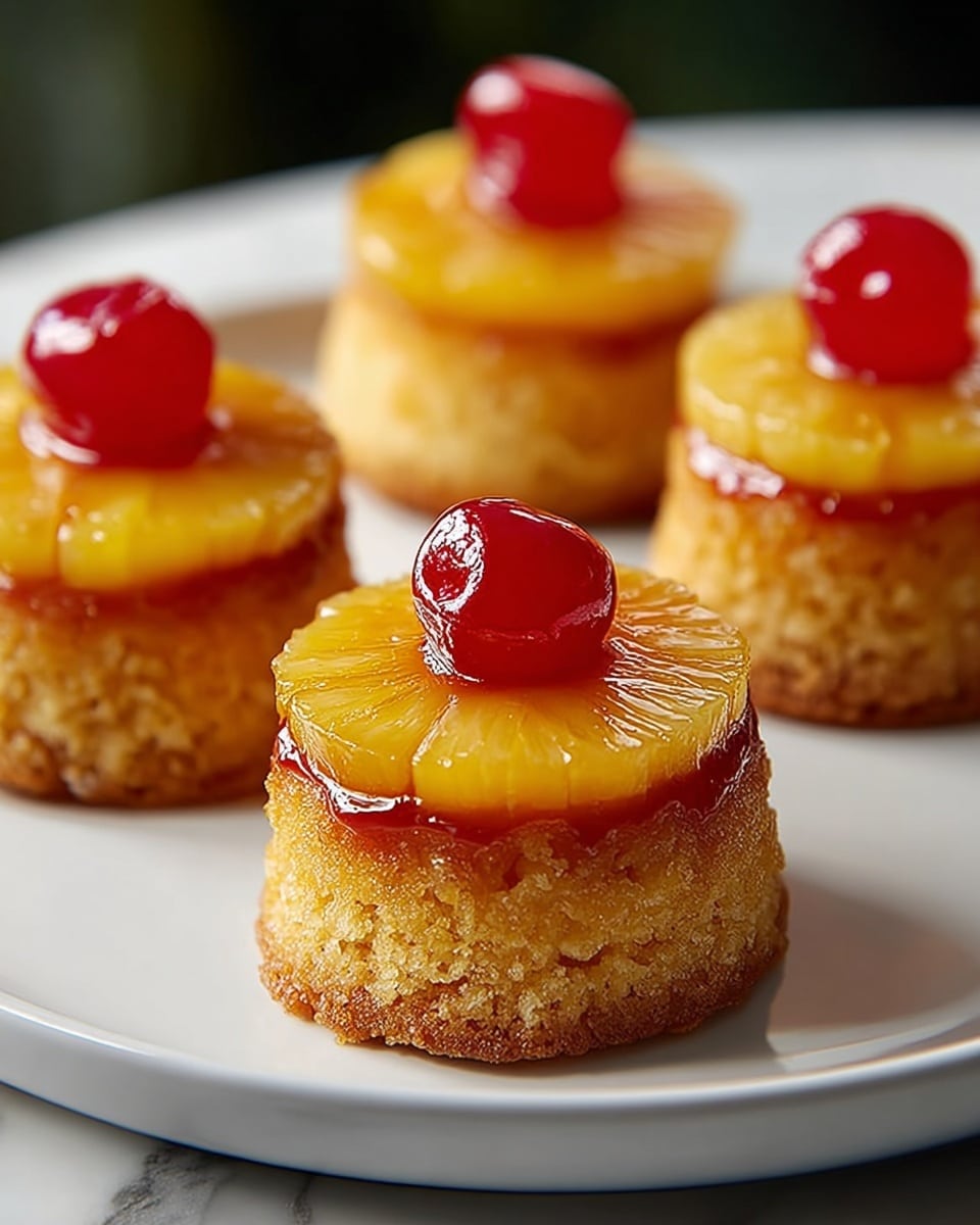 Two small pineapple upside-down cakes are placed on a white plate with a thin gold rim. Each cake has three visible layers: the top layer is a shiny golden-brown pineapple ring, the middle layer is a light yellow moist cake, and the bottom layer is a darker caramelized brown crust. On top of each pineapple ring sits a bright red maraschino cherry, glossy and round. The plate is set on a white marbled texture surface with soft warm lighting highlighting the glossy textures of the pineapple and cherries. Photo taken with an iphone --ar 4:5 --v 7