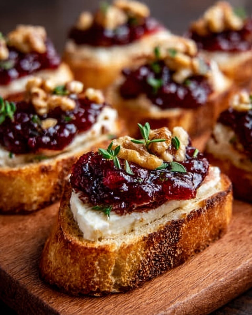 The image shows a close-up of several small crostini arranged on a wooden board. Each crostini consists of a toasted slice of baguette with a golden-brown crust and a slightly rough texture. On top of the bread is a thick, creamy white cheese layer, topped with a dark red cranberry sauce that looks glossy and slightly chunky. Small chopped walnuts are sprinkled over the cranberry sauce, adding a light brown color and a rough texture. Tiny green herb sprigs are placed on top, giving a fresh look. Photo taken with an iphone --ar 4:5 --v 7