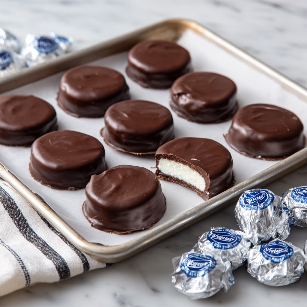 A stack of five round chocolate-covered treats sits on a white marbled surface, with the top treat bitten to show its inside. Each treat has a smooth, shiny dark brown chocolate coating forming the outer layer. Inside, there is a thick, white, fluffy cream filling with a slightly textured surface visible through the bite. The treats are evenly shaped and stacked neatly, showing the contrast between the dark chocolate outer layer and the bright white filling inside. The background is softly blurred, focusing attention on the stack. Photo taken with an iphone --ar 4:5 --v 7