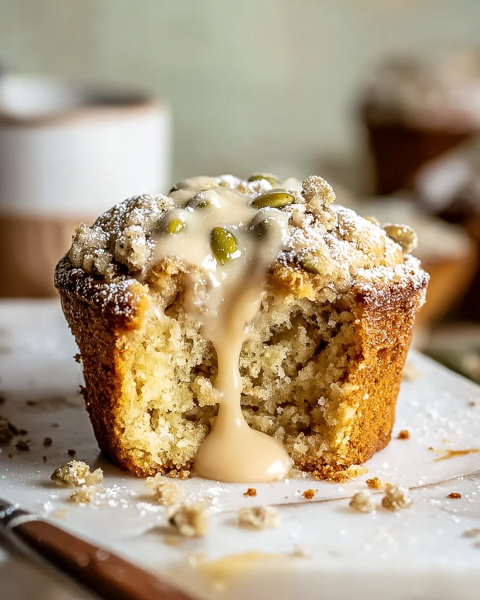 The image shows a single thick muffin cut in half, with a crumbly yellow inside and light brown edges. It is topped with a layer of small green seeds and a crumbly topping dusted with powdered sugar. A creamy light beige sauce drips slowly down the front of the muffin. The muffin sits on a white marbled surface with a few crumbs and drops of sauce around it, and the background is softly blurred. Photo taken with an iphone --ar 4:5 --v 7