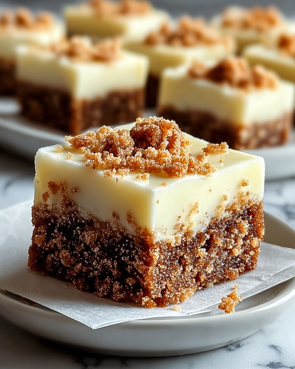 The image shows a close-up of a square dessert composed of two main layers on a stack of white plates with paper underneath. The bottom layer is dense and crumbly, rich brown in color with a rough texture and small specks all over. The top layer is creamy and smooth, off-white in color, evenly spread with a slightly glossy surface. Small crumbs of the bottom layer are sprinkled on top, adding a textured contrast to the smoothness. In the background, there are more pieces of the same dessert blurred, giving a sense of depth. The whole scene is set on a white marbled surface. Photo taken with an iphone --ar 4:5 --v 7