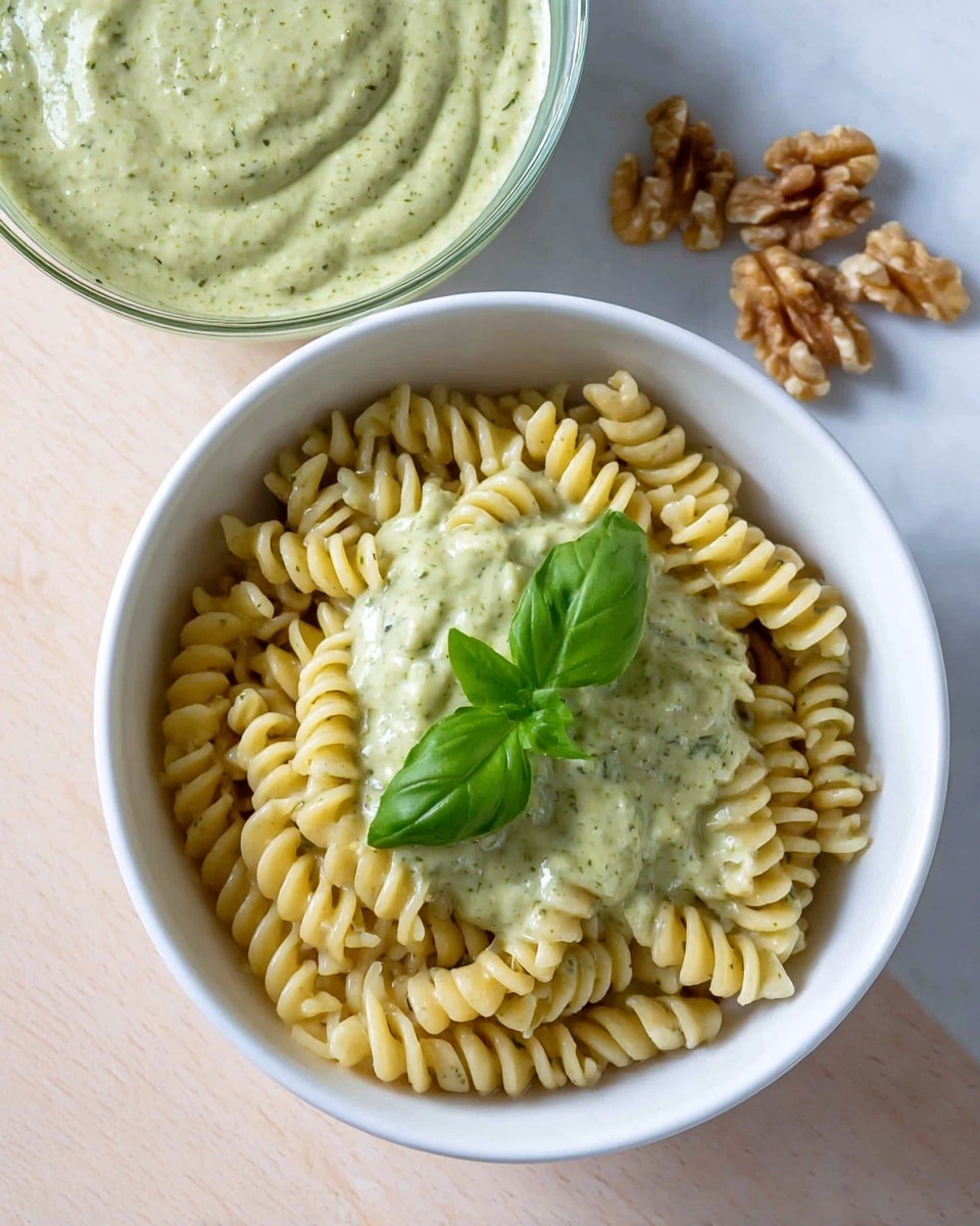 A white bowl filled with light yellow spiral pasta covered partially by a creamy green sauce with specks of herbs, topped with a fresh and glossy green basil leaf centered on top; to the upper left of the bowl, a glass bowl contains more of the pale green herb sauce in a thick smooth texture, while to the upper right, several light brown walnut halves rest on a white marbled surface. photo taken with an iphone --ar 4:5 --v 7