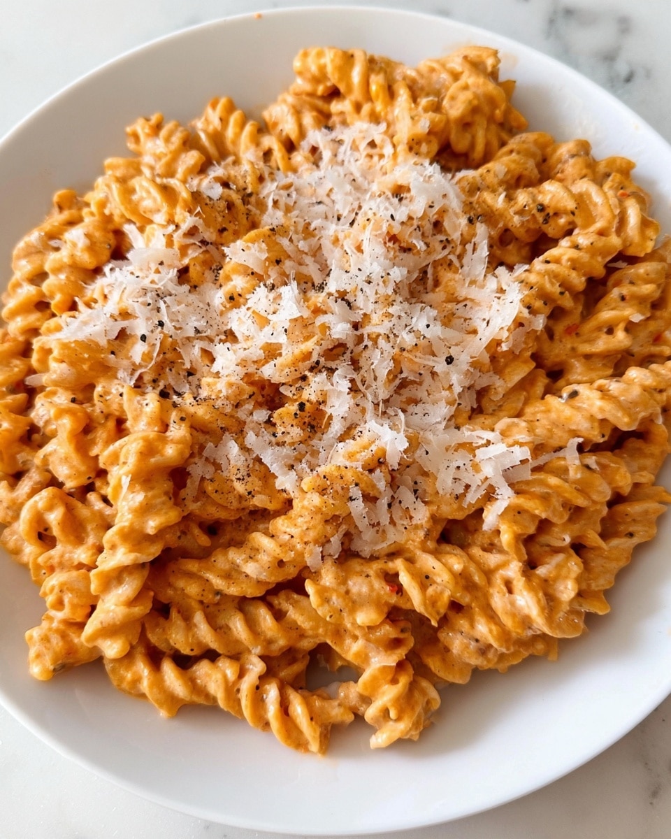 A close-up view of a white plate filled with spiral pasta covered in a creamy light orange sauce. The pasta spirals show texture and ridges, coated evenly by the sauce. Scattered on top are small white grated cheese pieces and sprinkled black pepper, giving a contrast to the orange sauce. The plate rests on a white marbled surface. photo taken with an iphone --ar 4:5 --v 7