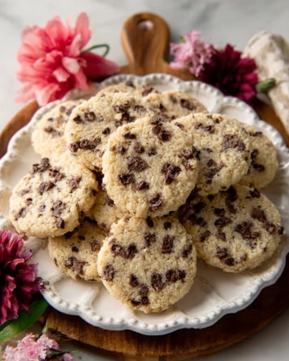 A white scalloped plate holds a stack of seven thick, round cookies. Each cookie has a golden-brown color with visible darker brown chocolate chips scattered throughout the dough. The cookies have a slightly rough texture and look soft and chewy. The plate with cookies is placed on a wooden board, with a few pink and dark red flowers partially visible around the edges. The background is a white marbled texture. Photo taken with an iphone --ar 4:5 --v 7