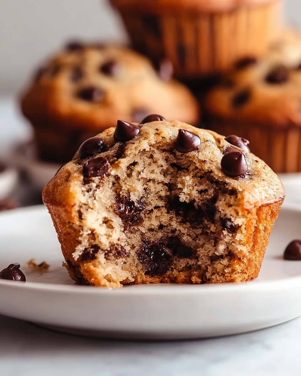 Five golden brown chocolate chip muffins are arranged close together on a round white plate. Each muffin is topped with several shiny dark chocolate chips that are slightly melted into the soft, textured surface. The muffins have lightly cracked tops showing their moist interior. The plate sits on a white marbled texture surface with a soft beige cloth partially visible on the right side. The photo taken with an iphone --ar 4:5 --v 7