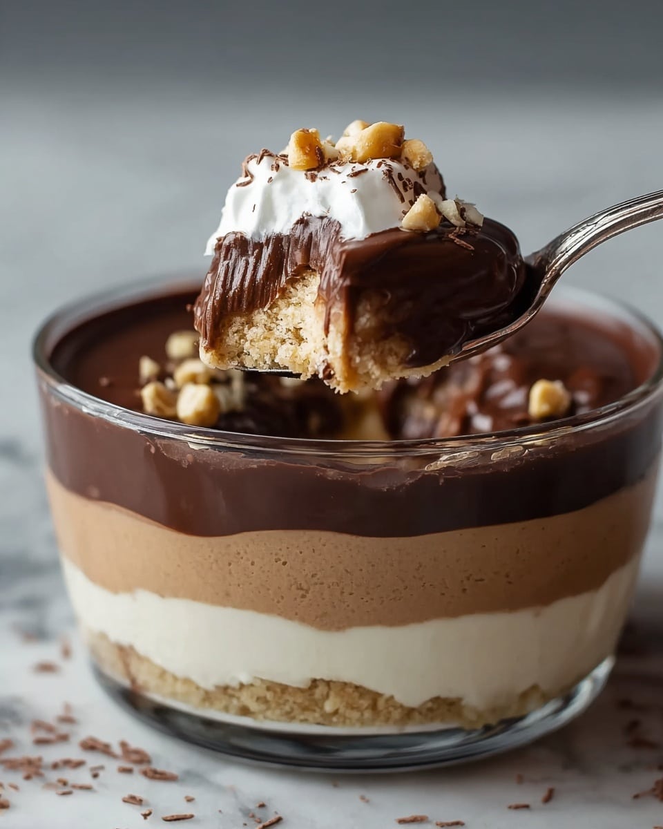 The dessert is shown in a clear round glass bowl with four visible layers. The bottom layer is a light beige crumbly base, followed by a creamy off-white layer with a smooth texture. Above it is a thick, light brown peanut butter-like layer. The top layer is a shiny, dark chocolate ganache that slightly overflows the edge. A spoon lifts a scoop from the bowl, showing the base, peanut butter layer covered by the glossy chocolate, and topped with a dollop of white whipped cream sprinkled with a few small golden nuts and cocoa powder. The background and surface are a white marbled texture. Photo taken with an iphone --ar 4:5 --v 7