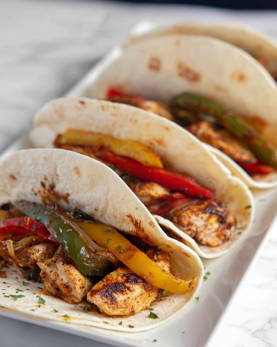 Three soft white tortillas, each folded in half, are lined up on a white rectangular plate with a white marbled background. Inside each tortilla are two main layers: the bottom layer is bite-sized grilled chicken pieces with a slightly charred, brownish texture, and the top layer consists of grilled bell pepper slices in green, yellow, and red, alongside onions, all showing a cooked, slightly glossy look. The tortillas have slight char marks and some sprinkled green herbs add a touch of color to the filling. photo taken with an iphone --ar 4:5 --v 7