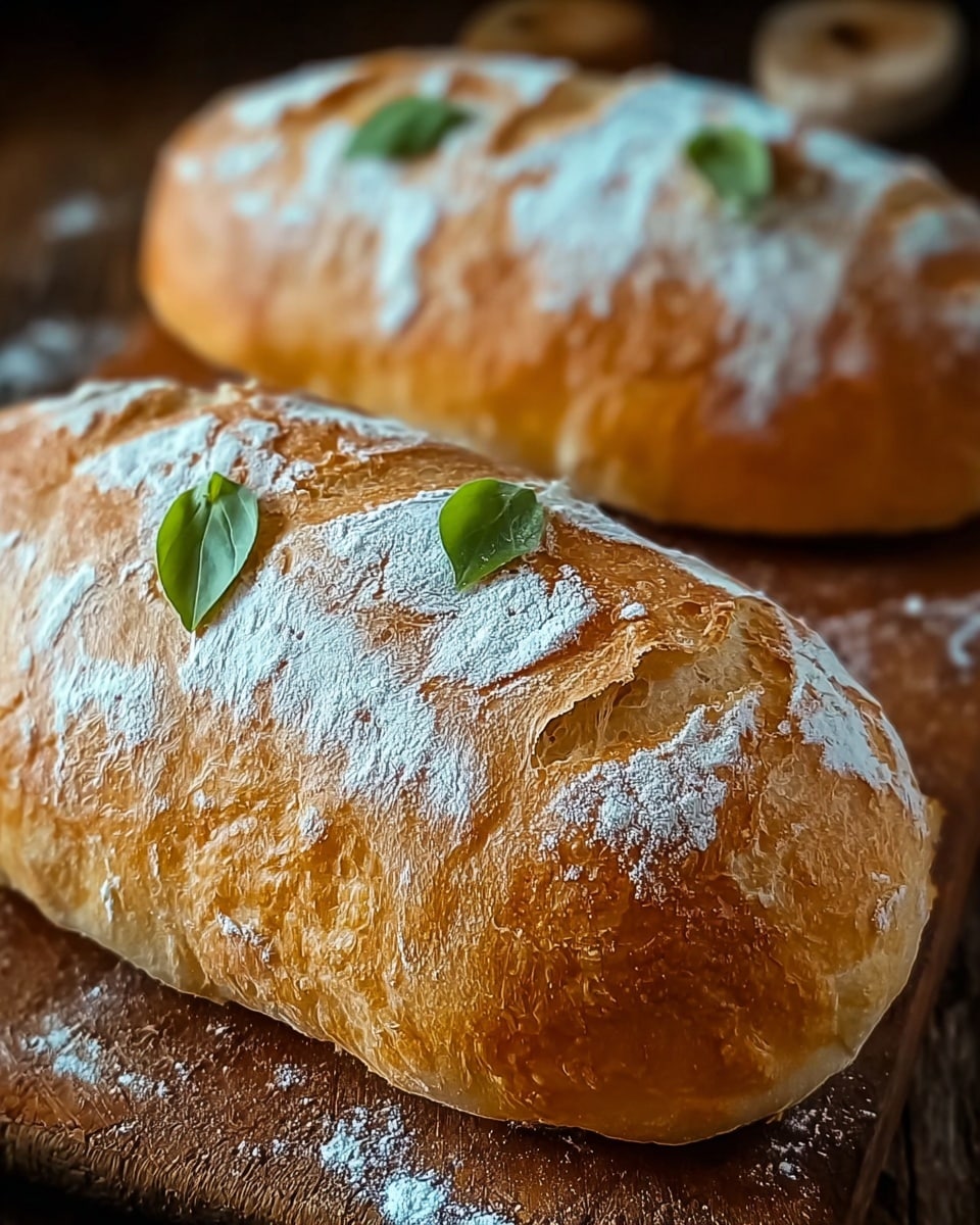 Two golden brown loaves of crusty bread rest on a wooden board dusted with flour. Each loaf has a light dusting of white flour on top and a few small tears showing soft, airy white bread inside. Two small green leaves sit gently on the surface of the nearer loaf, adding a fresh contrast to the warm tones of the bread. The texture looks crispy and slightly rough on the outside, with clear differences between the crust and the soft interior. photo taken with an iphone --ar 4:5 --v 7
