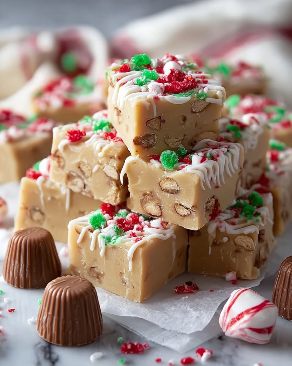 The image shows a stack of creamy beige fudge squares topped with white icing drizzle and red, green, and white crushed candy decorations, giving a festive look. The fudge squares appear thick and smooth, with small nut pieces embedded inside for texture. Around the fudge are several small, ridged milk chocolate candies and white mints with red stripes, all resting on a white marbled surface with a piece of white parchment paper underneath. The overall setting has a cozy holiday feel. photo taken with an iphone --ar 4:5 --v 7