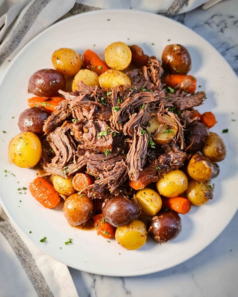 A white plate holds a serving of shredded brown beef layered with small round halved potatoes in yellow and dark brown shades scattered throughout, along with chunky pieces of bright orange carrots mixed evenly. The beef looks tender and fibrous, while the vegetables have a soft texture with a slight glaze. Small green herb pieces are sprinkled on top, adding a touch of color contrast. The plate is set on a white marbled surface with a corner of a striped cloth visible in the background. photo taken with an iphone --ar 4:5 --v 7