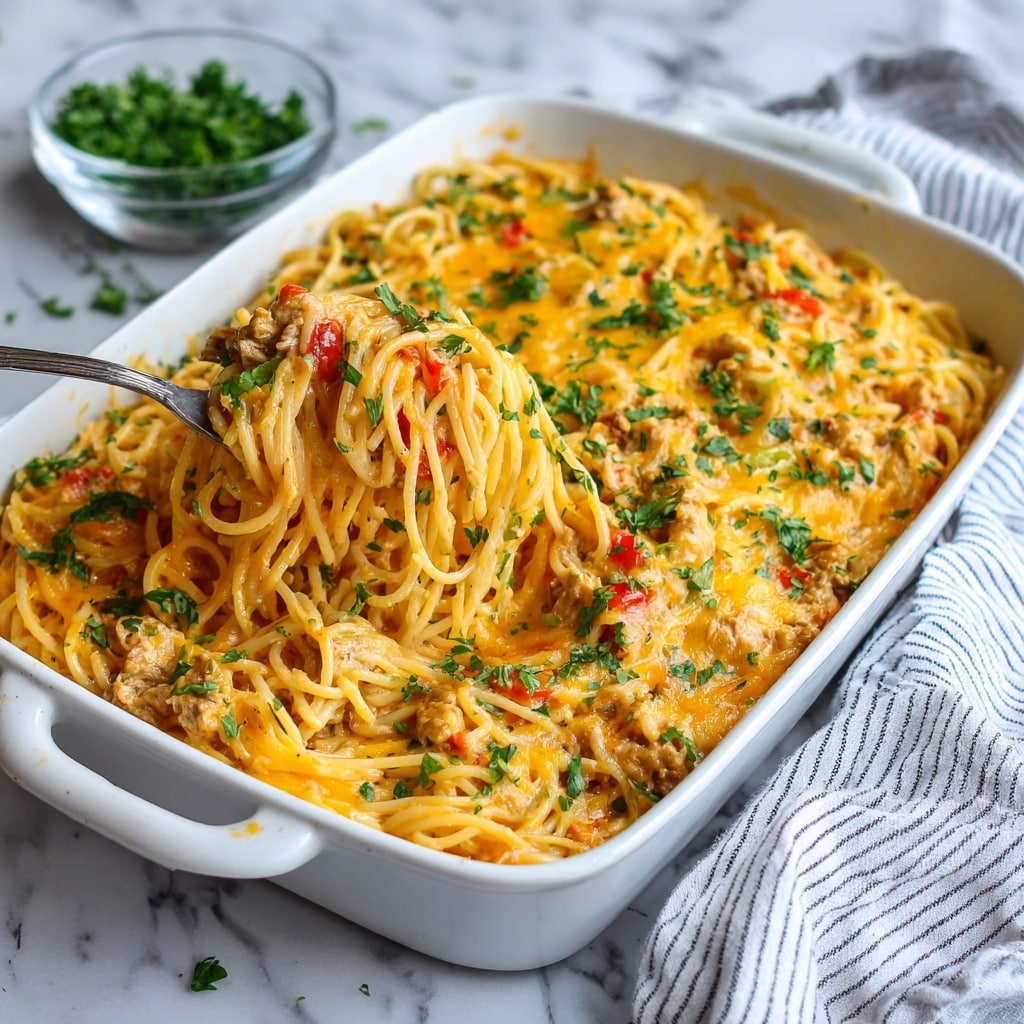 The image shows a close-up of a white baking dish filled with creamy spaghetti layered evenly, coated in a light orange sauce mixed with small pieces of green bell pepper and red bits, scattered with chopped herbs for color. There are visible chunks of white chicken meat mixed throughout the pasta. The top layer has some melted cheddar cheese with a slightly golden hue that blends with the sauce. A fork lifts a twirl of the spaghetti, displaying its creamy texture and colorful bits. The dish sits on a white marbled surface with a small clear bowl containing chopped green herbs and a striped cloth nearby. Photo taken with an iphone --ar 4:5 --v 7